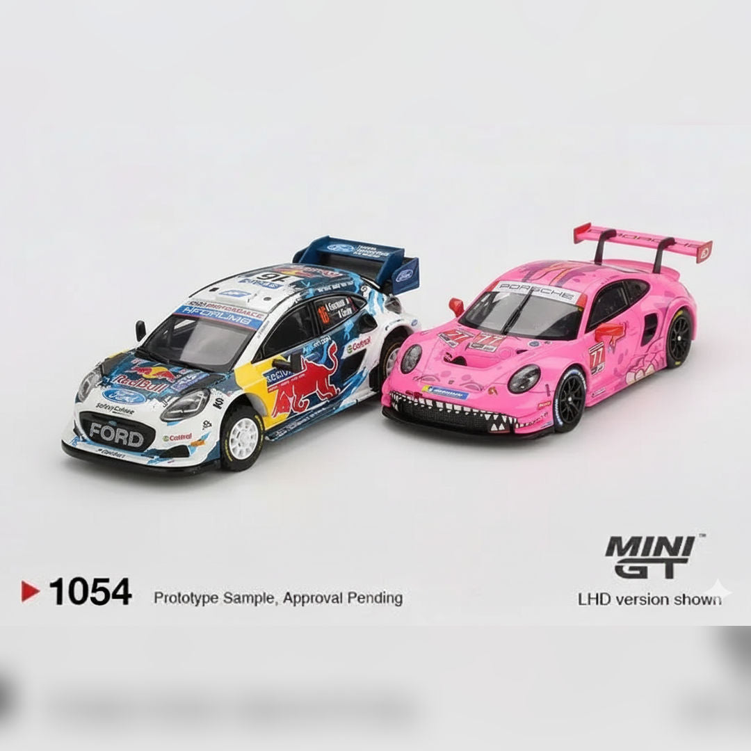 Mini GT 1:64 Racing Duo Diecast Set – Roxy Porsche 911 GT3 R IMSA 2024 + Ford Puma Rally1 Finland 2024 Collectibles