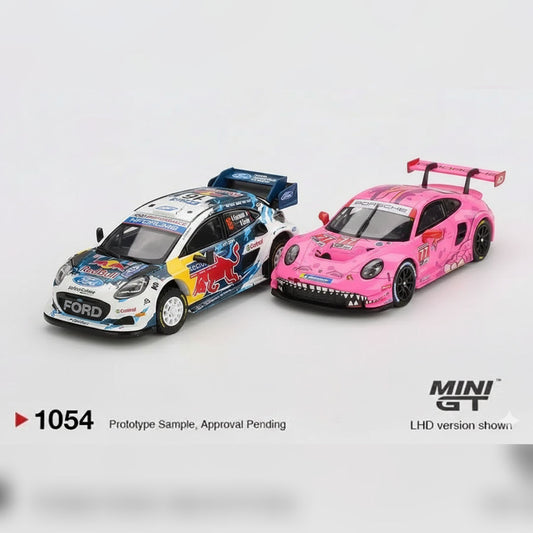 Mini GT 1:64 Racing Duo Diecast Set – Roxy Porsche 911 GT3 R IMSA 2024 + Ford Puma Rally1 Finland 2024 Collectibles