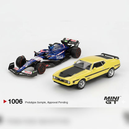 Mini GT 1:64 Racing Duo Diecast Set – RB VCARB F1 Ricciardo Bahrain GP 2024 + Ford Mustang Mach 1 Grabber Yellow