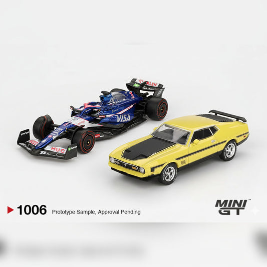 Mini GT 1:64 Racing Duo Diecast Set – RB VCARB F1 Ricciardo Bahrain GP 2024 + Ford Mustang Mach 1 Grabber Yellow