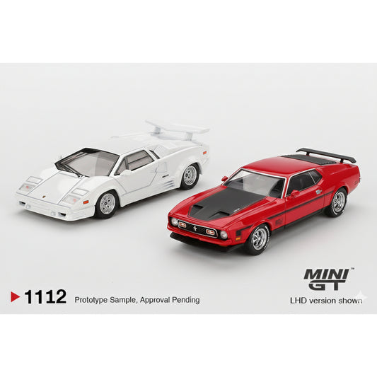 Mini GT 1:64 Duo Set Lamborghini Countach 25th Anniversary White + 1971 Ford Mustang Mach 1 Red | Premium Diecast Collector Cars