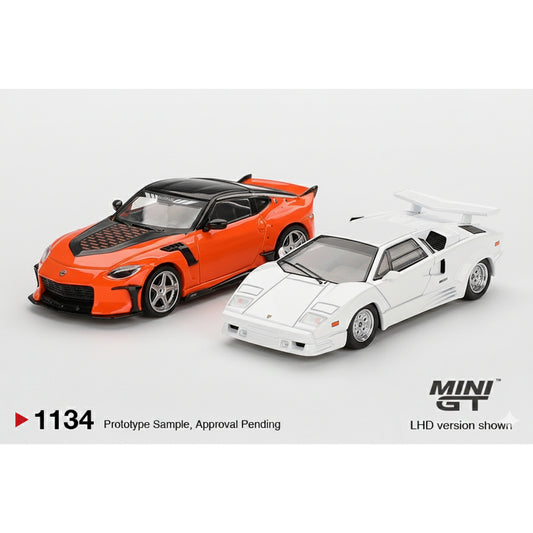 Mini GT 1:64 Racing Duo – Blister -Nissan Z VeilSide FFZ400 Orange + Lamborghini Countach 25th Anniversary White Blister Pack Diecast Cars