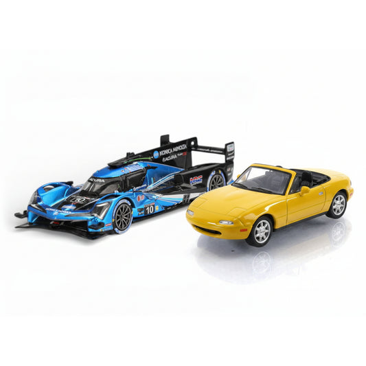 Mini GT 1:64 Duo Set Blister Pack – Acura ARX-06 GTP Daytona 24H #10 + Mazda Miata MX-5 NA Yellow Diecast Cars