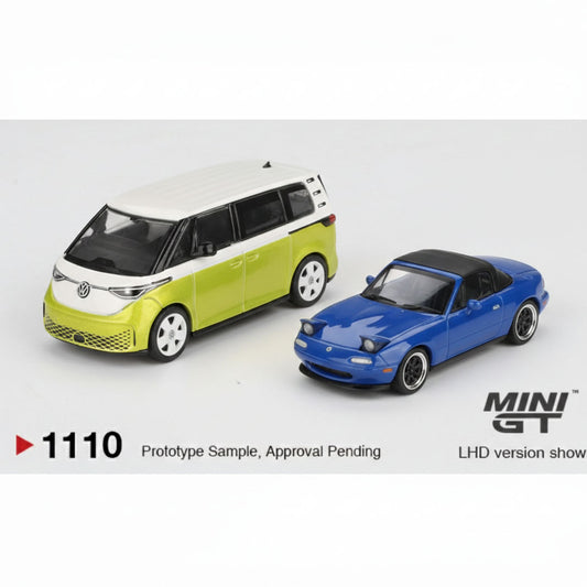 Mini GT 1:64 Volkswagen ID. Buzz Candy White Pomelo Yellow + Mazda Miata MX-5 NA Tuned Dark Blue Diecast Duo Set