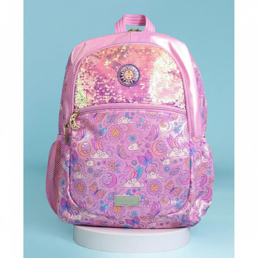 SMIGGLE Cosmos Classic Backpack – 16 Inch | Holographic Sequins & Iridescent Golden Pink Finish