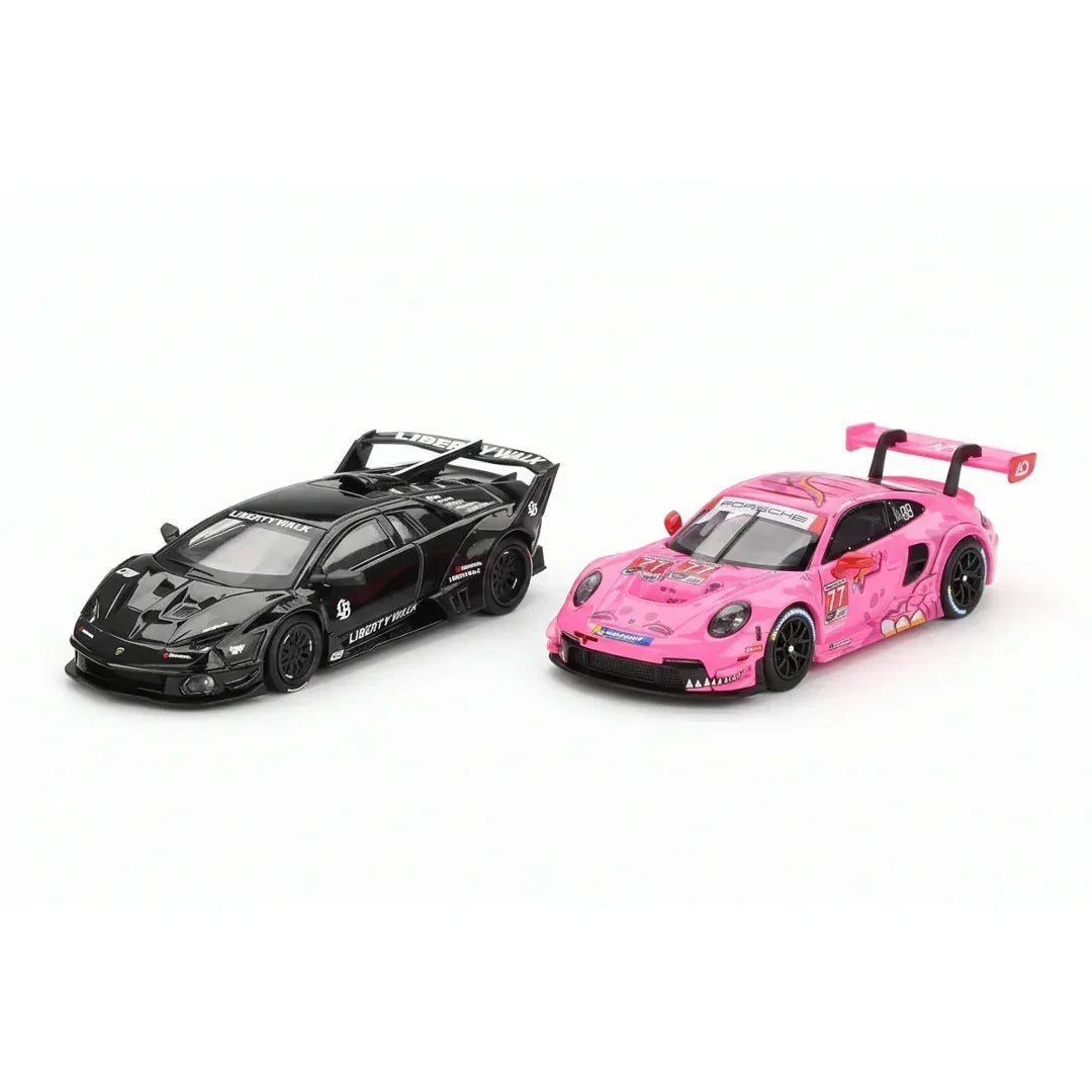 Mini GT 1:64 Lamborghini Murcielago GT Evo Black +Virginia Raceway - #77 “ROXY” Porsche 911 GT3 R  – Set of 2 Diecast Cars