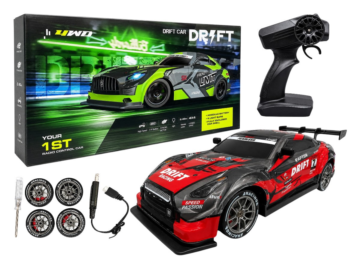 4WD High-Speed RC Drift Car with 2.4GHz Remote | 4x4 Four Wheel Drive | 7.4V Rechargeable Battery | LED Lights | Racing Tires | Ready to Run Drift Red Car for Kids & Adults