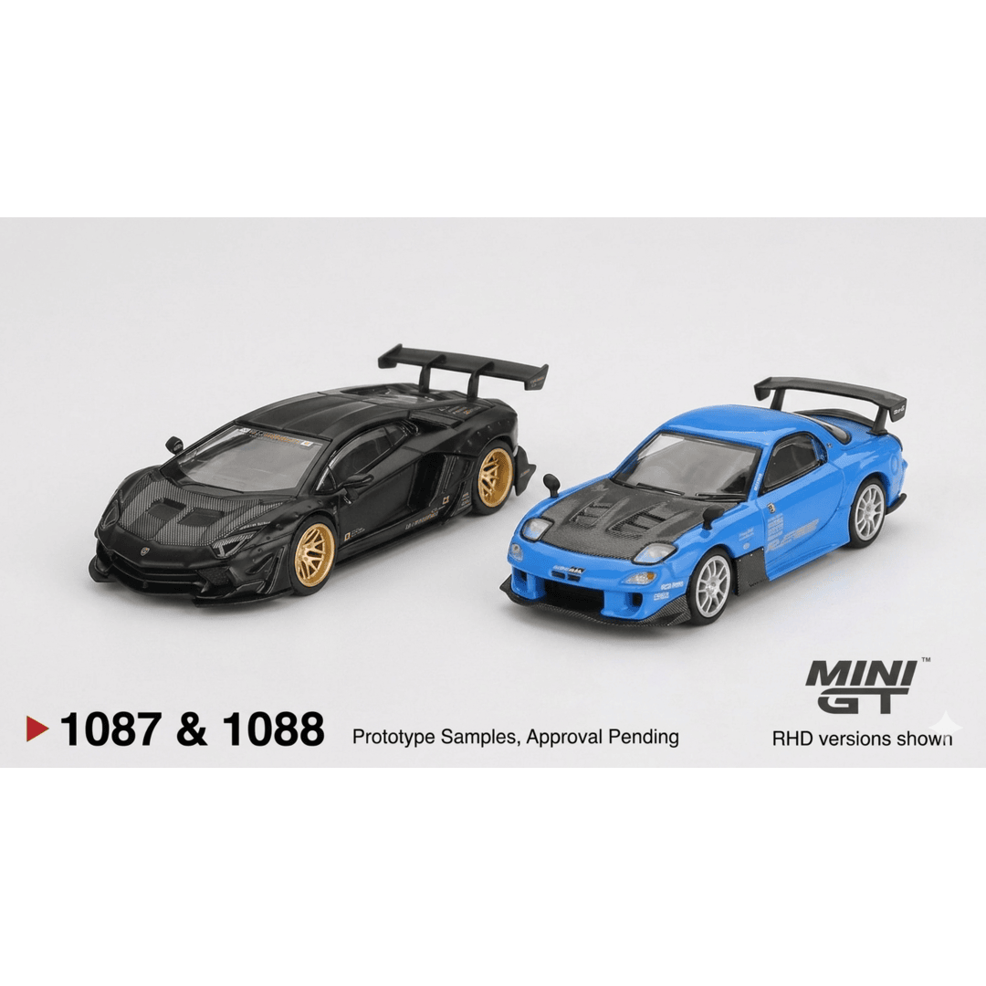 Mini GT 1:64 LB★WORKS Lamborghini Aventador Matte Black + Mazda RX-7 Re-Amemiya 20B NA 3-Rotor “7 Ama-San Go” – Limited Edition Diecast Model Set