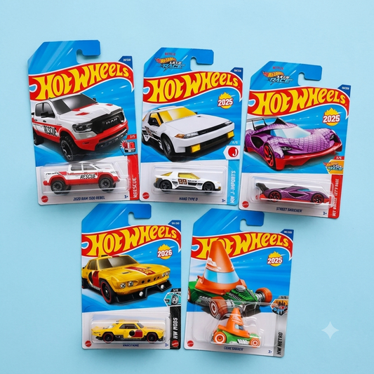 Hot Wheels 1:64 Scale 5-Car Set – Cone Shaker, 2020 Ram 1500 Rebel HYW91, Vairstrike JJH53, Let's Race Street Shrieker & Hako Type D J-Imports