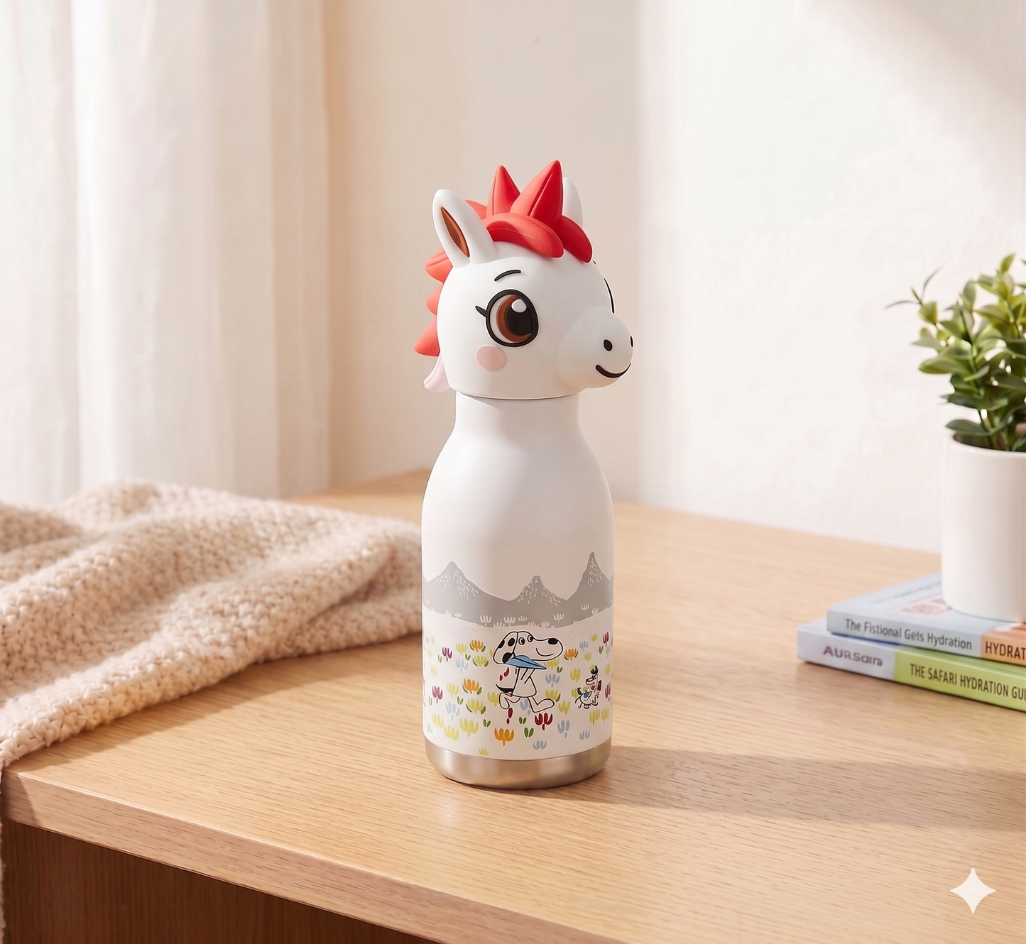 AFRESH 365 Unicorn Head Collection Stainless Steel Vacuum Insulated Water Bottle 450ml (16oz) with Straw & Cleaning Brush