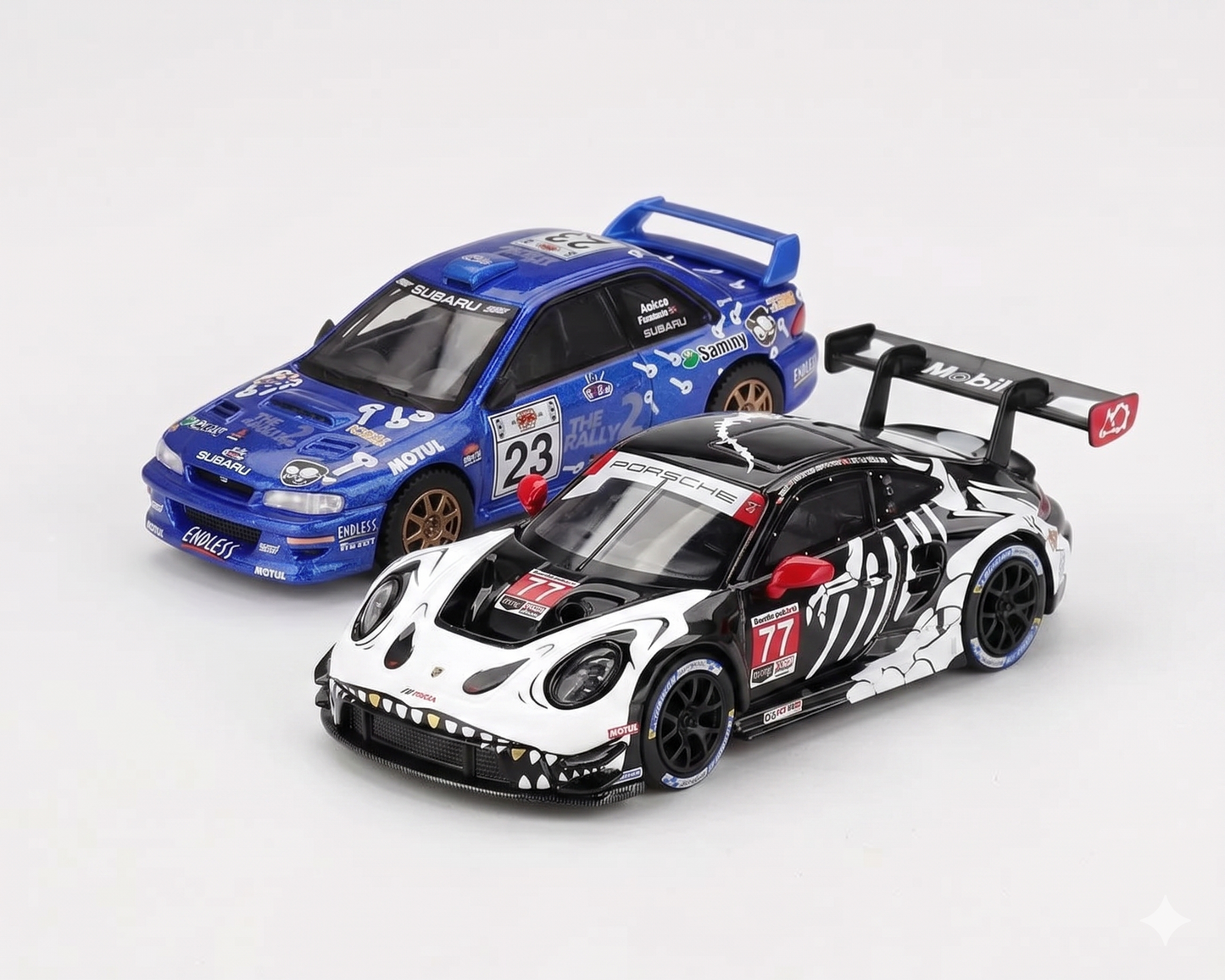 MINI GT 1:64 Porsche 911 GT3 R #77 AO Racing "Skeleton Rexy" 2025 IMSA Petit Le Mans & Subaru Impreza WRC99 #23 2000 Acropolis Rally Die-Cast Model Car Set