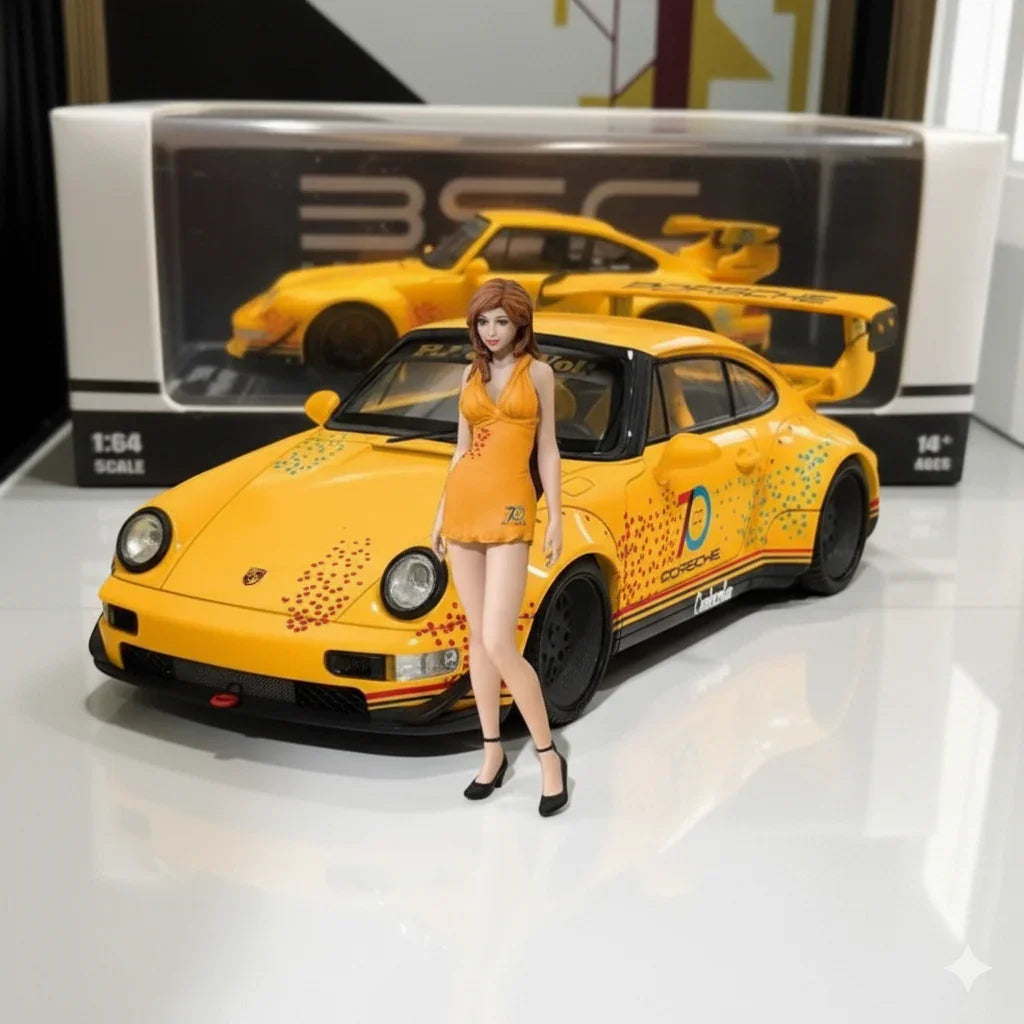 BSC 1:64 Porshce Cinderella Yellow RWB964 70th Anniversary Edition  Diecast Car (Figure Included)