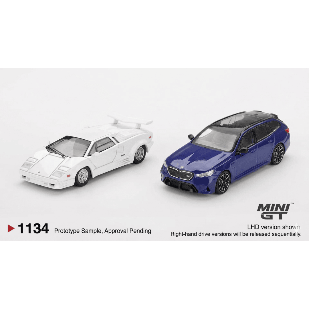 Mini GT 1:64 Lamborghini Countach 25th Anniversary White+BMW M5 Touring G99 Marina Bay Blue Metallic RHD – Premium Diecast Duo Set