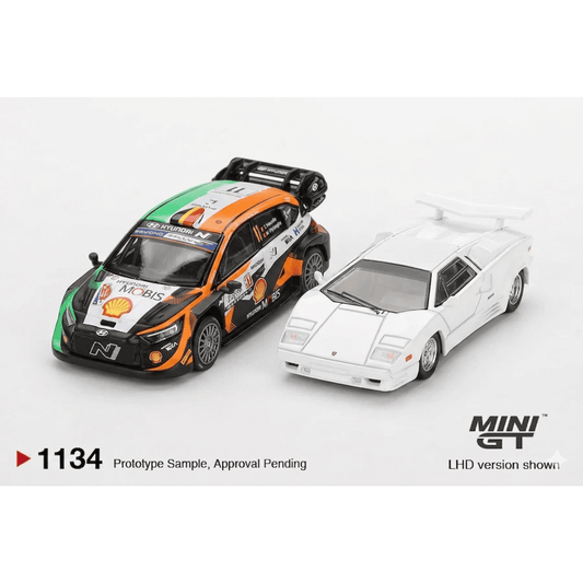 Mini GT 1:64 Racing Duo Set – Hyundai i20 N Rally1 #11 Rally Croatia 2023 Power Stage Winner + Lamborghini Countach 25th Anniversary White Diecast Model Cars