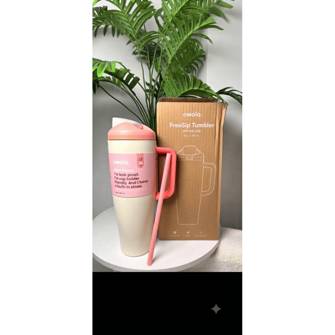 Owala FreeSip 40 oz (1183 ml) Insulated Stainless Steel Tumbler with Built-In Straw, Side Handle and Leakproof Push-Button Lid – Pink & Purple