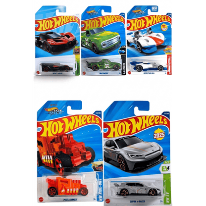 Hot Wheels 5-Car Die-Cast Set – Bugatti Bolide + CUPRA e-Racer HYX46 Grey + Pixel Shaker HW Ride-Ons + Twin Mill HYW12 + Draftnator X-Raycers | 1:64 Scale Collectible Cars
