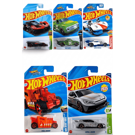 Hot Wheels 5-Car Die-Cast Set – Bugatti Bolide + CUPRA e-Racer HYX46 Grey + Pixel Shaker HW Ride-Ons + Twin Mill HYW12 + Draftnator X-Raycers | 1:64 Scale Collectible Cars