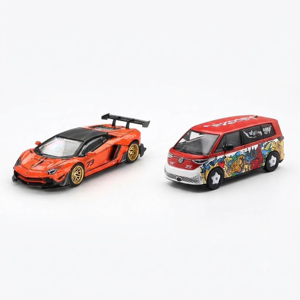 MINI GT 1:64 Scale LB★WORKS Lamborghini Aventador Orange MDX 2025 Limited Edition & Volkswagen ID. Buzz Mizu Design Die-Cast Model Cars – Set of 2