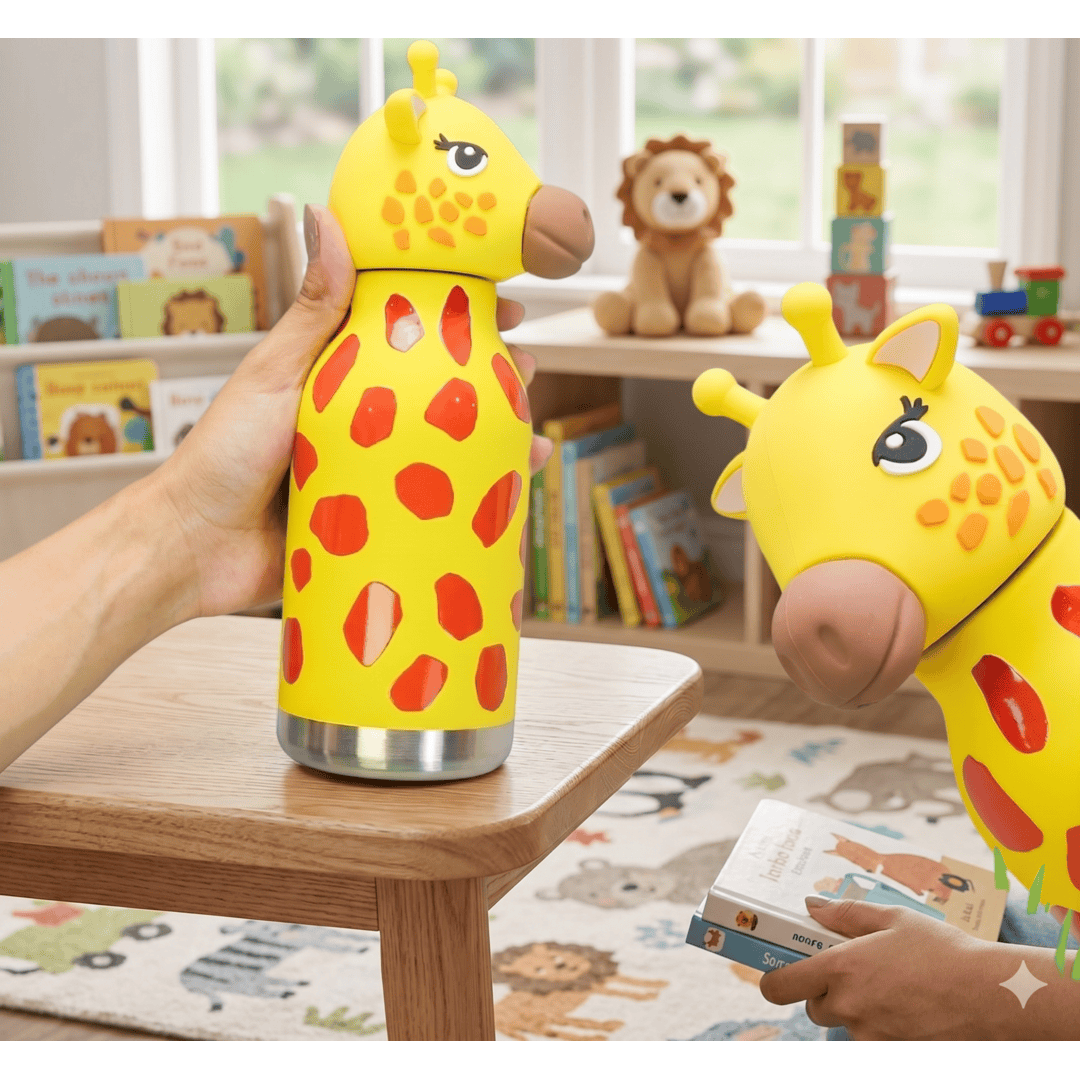 Afresh 365 Giraffe Animal Head Insulated Kids Water Bottle 450ml (16oz) | Stainless Steel Straw Bottle With 3 Colour Variants