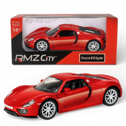 RMZ City Porsche 918 Spyder 1:32 Die-Cast Hypercar | Pull Back & Go | Openable Doors | Red / Silver Grey