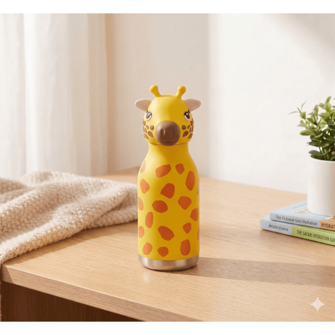 Afresh 365 Giraffe Animal Head Insulated Kids Water Bottle 450ml (16oz) | Stainless Steel Straw Bottle With 3 Colour Variants