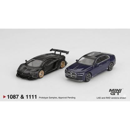 Mini GT 1:64 LB★WORKS Lamborghini Aventador Matte Black + BMW i7 xDrive60 Tanzanite Blue – Limited Edition Diecast Duo Set