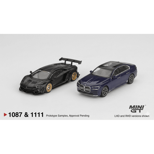Mini GT 1:64 LB★WORKS Lamborghini Aventador Matte Black + BMW i7 xDrive60 Tanzanite Blue – Limited Edition Diecast Duo Set