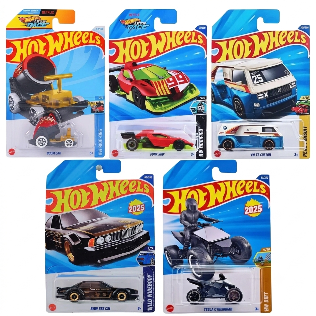 Hot Wheels 1:64 Scale 5-Car Diecast Set – BMW 635 CSi, Boom Car, VW T3 Custom, Tesla Cyberquad & Punk Rod