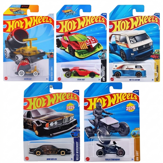 Hot Wheels 1:64 Scale 5-Car Diecast Set – BMW 635 CSi, Boom Car, VW T3 Custom, Tesla Cyberquad & Punk Rod