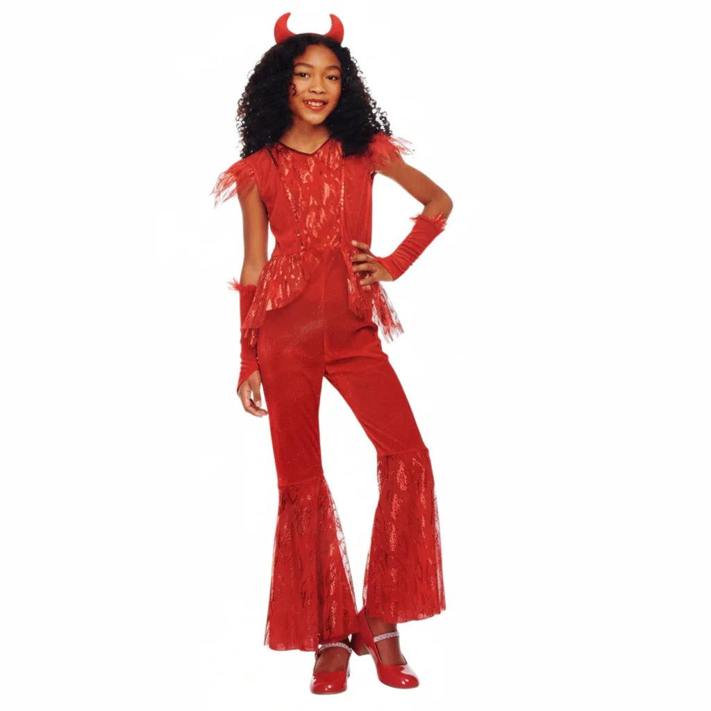 Girls’ Red Devil Halloween Costume with Horns & Trident – Kids Fancy Dress