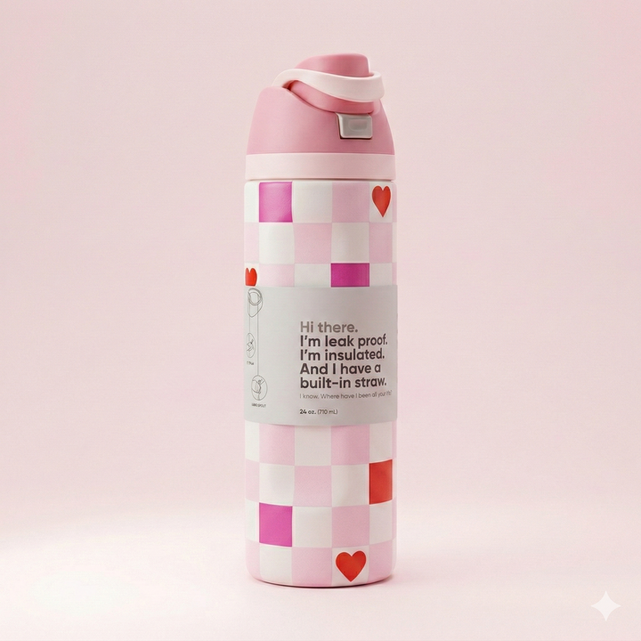 Stainless Steel Insulated Water Bottle 710ml with Built-in Straw – Leakproof Thermos Bottle for School, Travel & Daily Use (Multiple Designs)