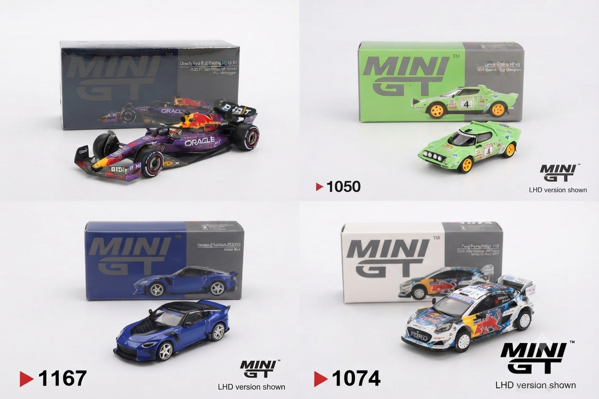 Minigt 1:64 Oracle Red Bull Racing RB19 #1 Max Verstappen 2023 F1 2023 Las Vegas GP Winner+Ford Puma Rally1 #16 M-Sport Ford WRT 2024 Rally Finland 3rd Place+Nissan Z VeilSide FFZ400 Seiran Blue+Lancia Stratos HF #4 1979 Spanish Rally Champion