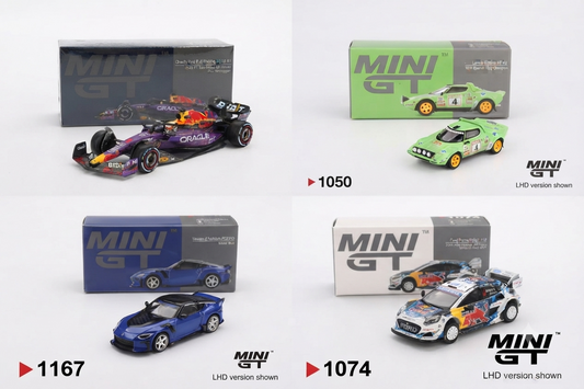 Minigt 1:64 Oracle Red Bull Racing RB19 #1 Max Verstappen 2023 F1 2023 Las Vegas GP Winner+Ford Puma Rally1 #16 M-Sport Ford WRT 2024 Rally Finland 3rd Place+Nissan Z VeilSide FFZ400 Seiran Blue+Lancia Stratos HF #4 1979 Spanish Rally Champion