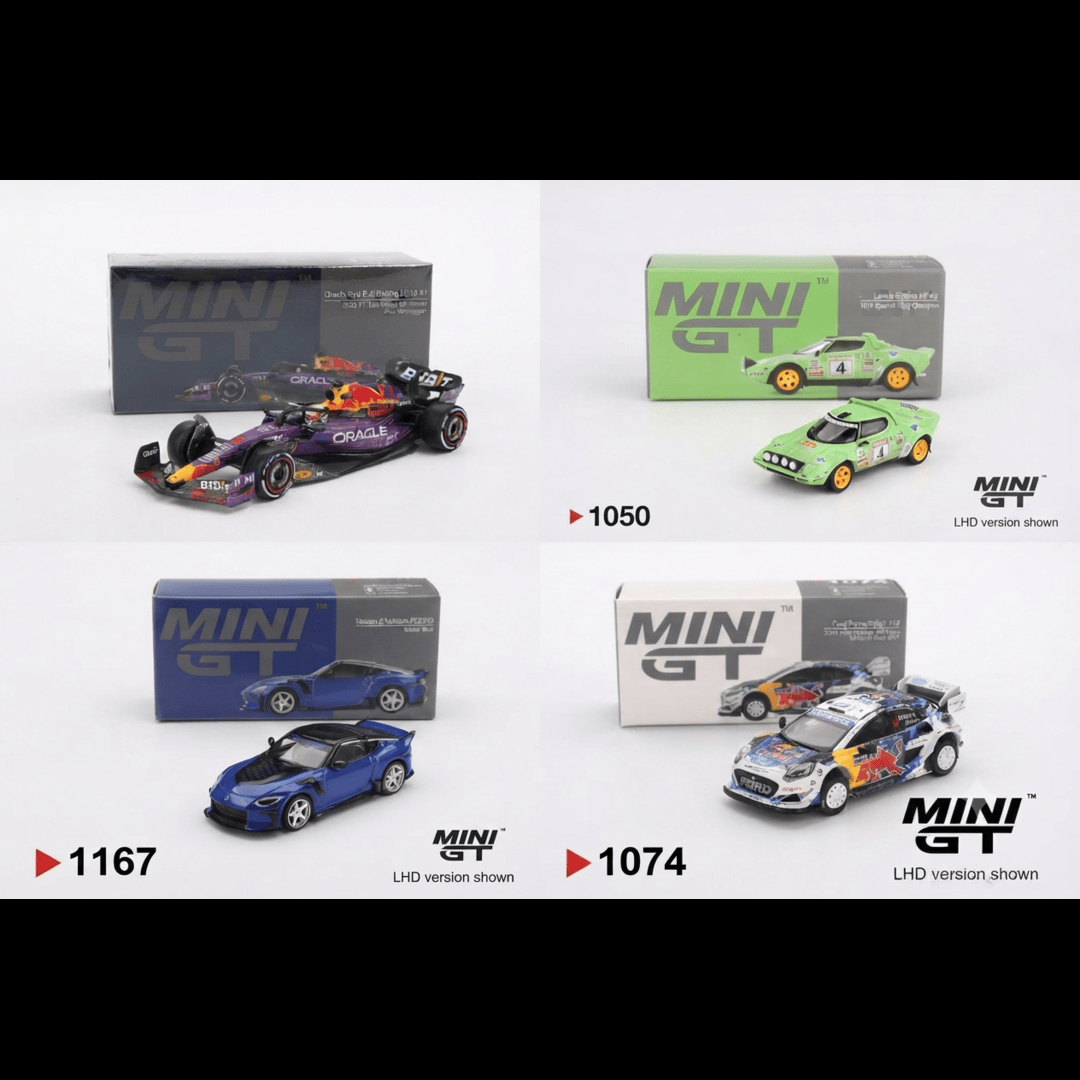 Minigt 1:64 Oracle Red Bull Racing RB19 #1 Max Verstappen 2023 F1 2023 Las Vegas GP Winner+Ford Puma Rally1 #16 M-Sport Ford WRT 2024 Rally Finland 3rd Place+Nissan Z VeilSide FFZ400 Seiran Blue+Lancia Stratos HF #4 1979 Spanish Rally Champion