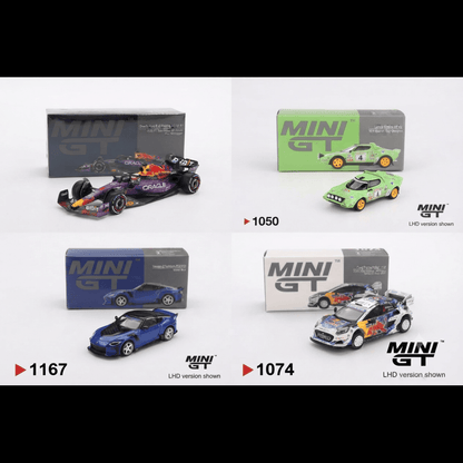 Minigt 1:64 Oracle Red Bull Racing RB19 #1 Max Verstappen 2023 F1 2023 Las Vegas GP Winner+Ford Puma Rally1 #16 M-Sport Ford WRT 2024 Rally Finland 3rd Place+Nissan Z VeilSide FFZ400 Seiran Blue+Lancia Stratos HF #4 1979 Spanish Rally Champion