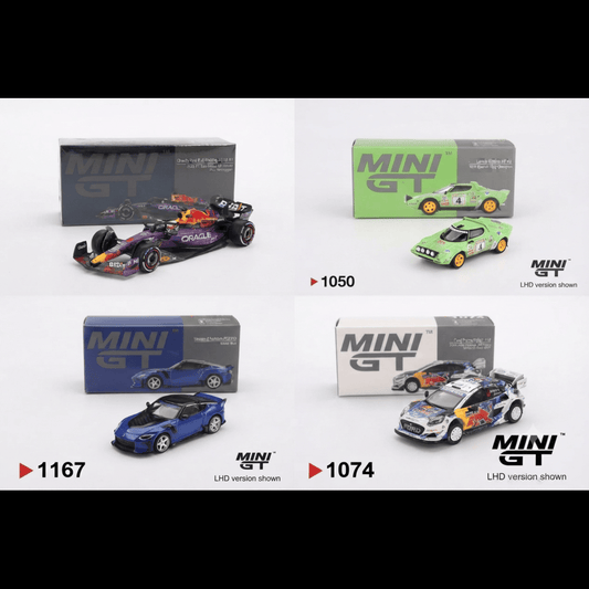 Minigt 1:64 Oracle Red Bull Racing RB19 #1 Max Verstappen 2023 F1 2023 Las Vegas GP Winner+Ford Puma Rally1 #16 M-Sport Ford WRT 2024 Rally Finland 3rd Place+Nissan Z VeilSide FFZ400 Seiran Blue+Lancia Stratos HF #4 1979 Spanish Rally Champion