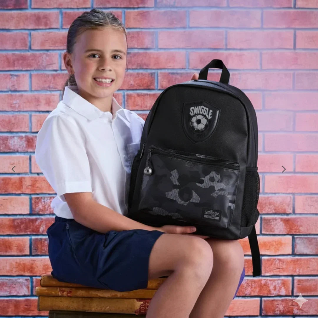 Smiggle 16" Assist Classic School Backpack – Football Metal Zip, Camo Design, Dual Bottle Sleeves