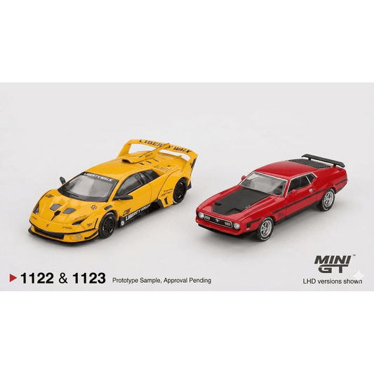 Mini GT 1:64 Lamborghini LB-Silhouette WORKS Murciélago GT EVO Yellow + 1971 Ford Mustang Mach 1 Red – Premium Diecast Duo Set