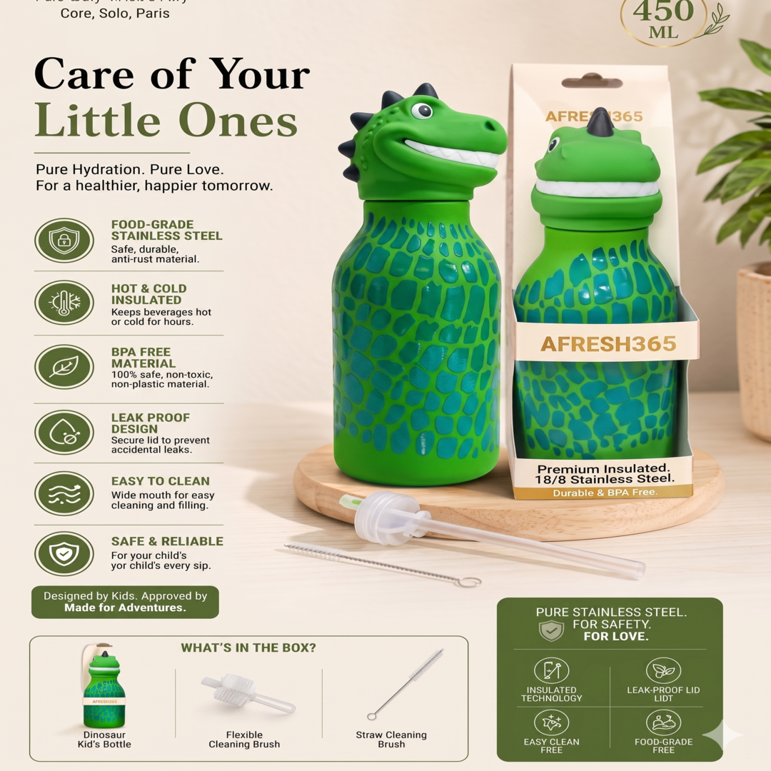 AFRESH 365 Animal Head Collection Dinosaur Stainless Steel Vacuum Insulated Water Bottle 450ml (16oz) with Straw & Cleaning Brush (Copy)
