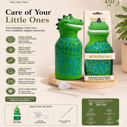 AFRESH 365 Animal Head Collection Dinosaur Stainless Steel Vacuum Insulated Water Bottle 450ml (16oz) with Straw & Cleaning Brush (Copy)