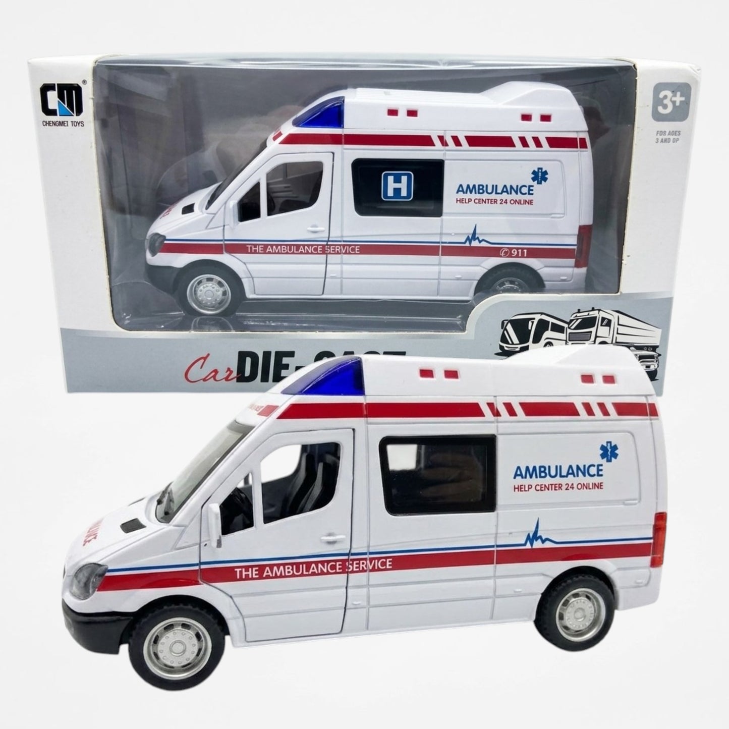 Alloy Die-Cast Ambulance Van Toy with Light & Sound | Pull Back Rescue Vehicle Model for Kids | Metal Emergency Service Ambulance Collectible