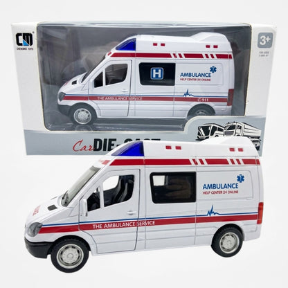 Alloy Die-Cast Ambulance Van Toy with Light & Sound | Pull Back Rescue Vehicle Model for Kids | Metal Emergency Service Ambulance Collectible