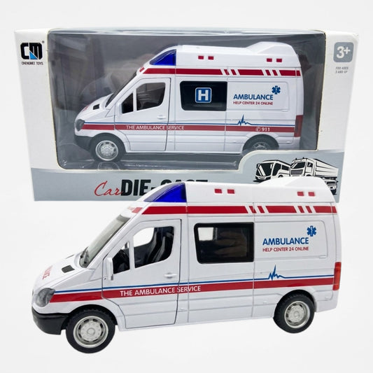 Alloy Die-Cast Ambulance Van Toy with Light & Sound | Pull Back Rescue Vehicle Model for Kids | Metal Emergency Service Ambulance Collectible