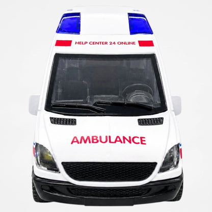 Alloy Die-Cast Ambulance Van Toy with Light & Sound | Pull Back Rescue Vehicle Model for Kids | Metal Emergency Service Ambulance Collectible