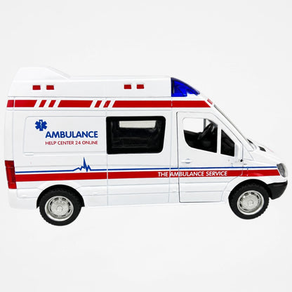 Alloy Die-Cast Ambulance Van Toy with Light & Sound | Pull Back Rescue Vehicle Model for Kids | Metal Emergency Service Ambulance Collectible