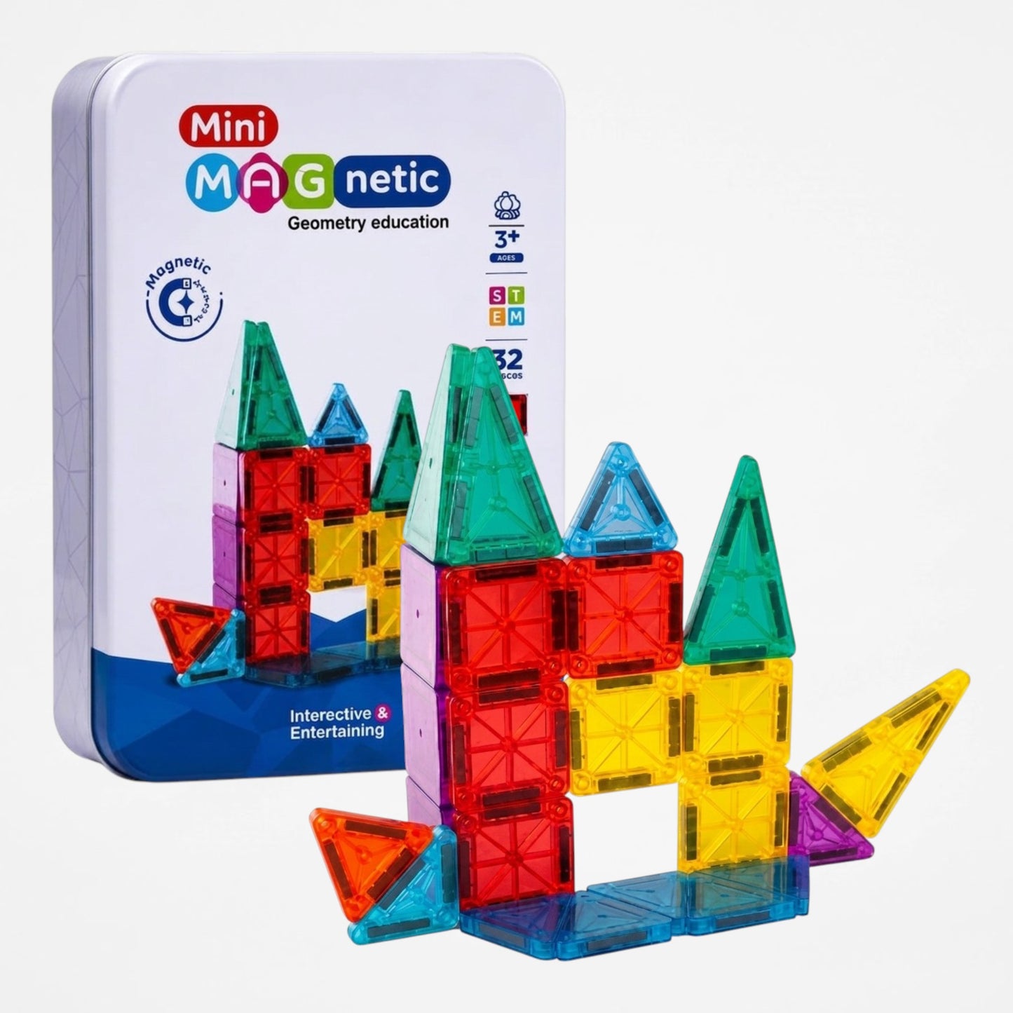 32-Piece Mini Magnetic Building Tiles Set | 3D Translucent Magnetic Construction Blocks | STEM Educational Geometry Learning Toy for Kids