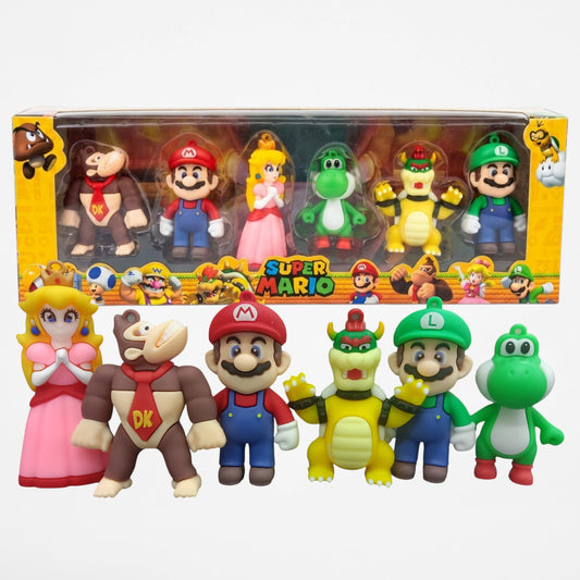 Super Mario 6-Piece Action Figure Gift Set | Mario, Luigi, Princess Peach, Yoshi, Bowser & Donkey Kong | Collectible PVC Figures for Kids & Fans