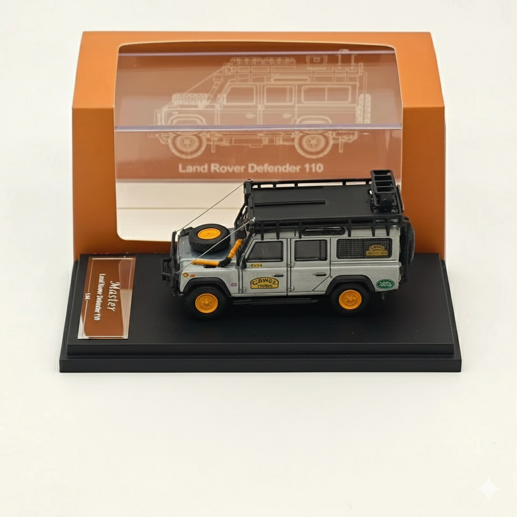Master 1:64 Land Rover Defender 110 Diecast Model Car | Camel Trophy ; Expedition SUV Collectible with Roof Rack |
