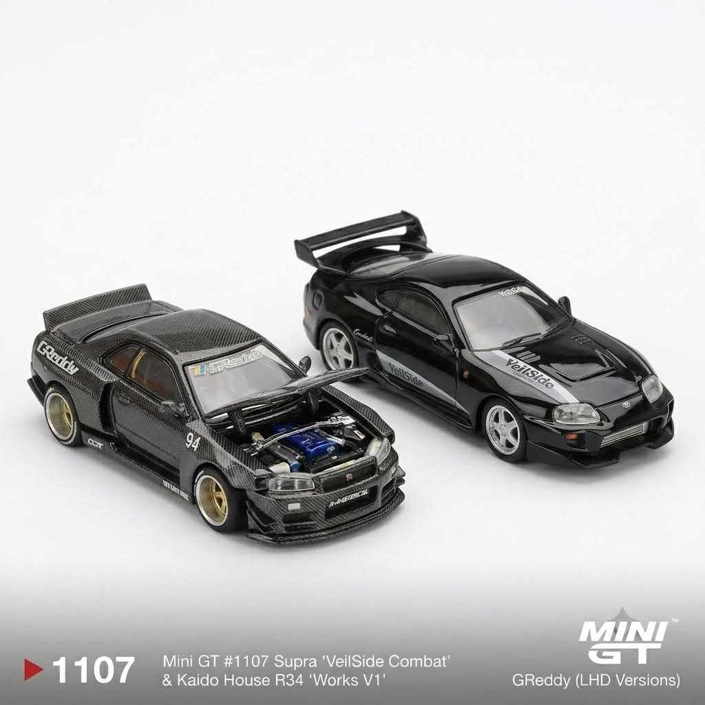 MINI GT Collector Set | Toyota Supra VeilSide Combat V-II Black + KAIDO HOUSE x MINI GT Nissan Skyline GT-R (R34) Kaido Works GReddy V2 Chase Edition | Premium 1:64 Diecast Model Cars