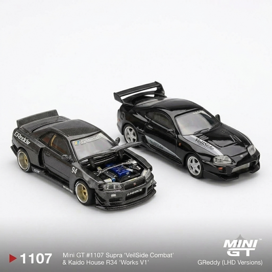 MINI GT Collector Set | Toyota Supra VeilSide Combat V-II Black + KAIDO HOUSE x MINI GT Nissan Skyline GT-R (R34) Kaido Works GReddy V2 Chase Edition | Premium 1:64 Diecast Model Cars